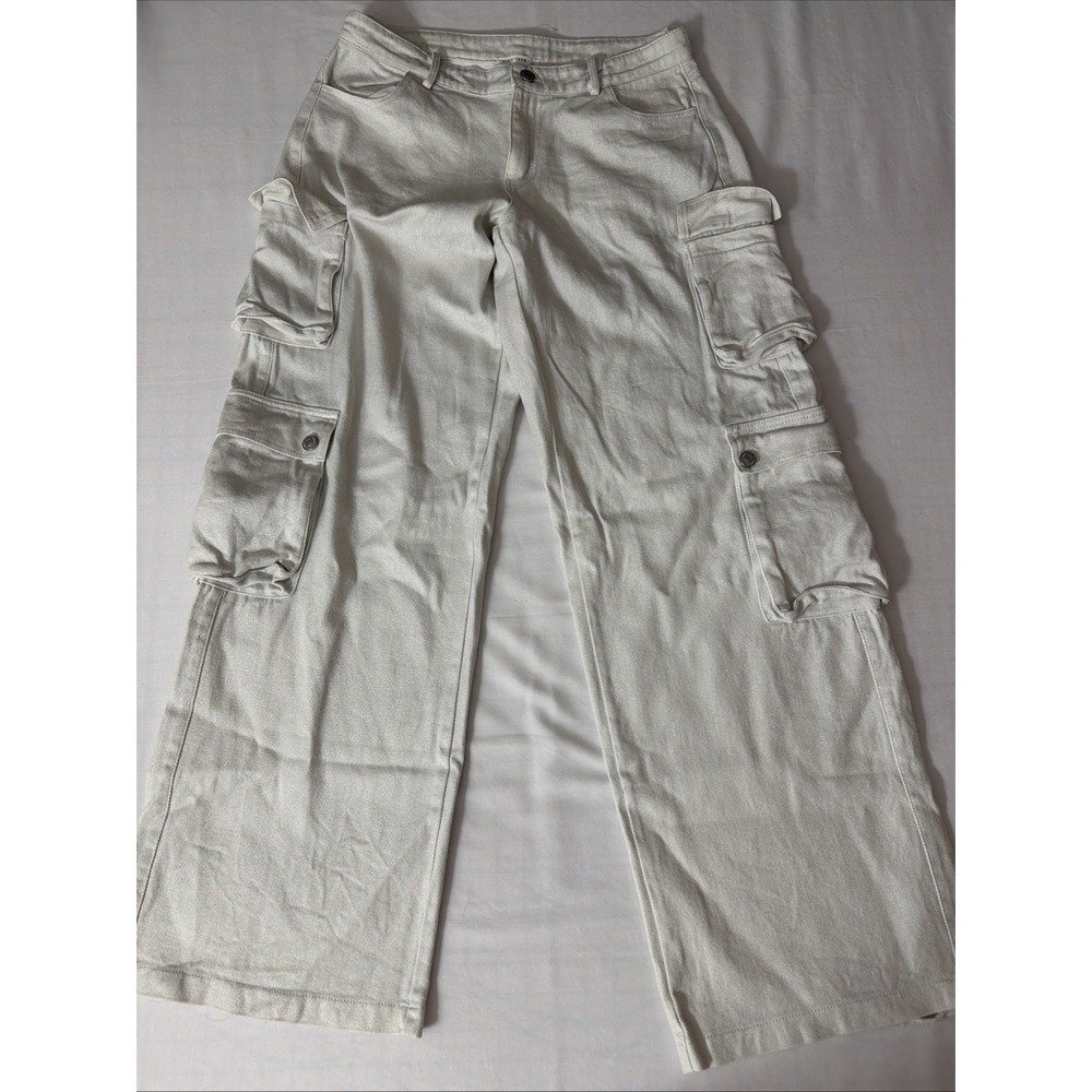 Miss Love Cargo Pockets Disco Jeans Sparkly Silver And Ivory  Shimmer Jeans Sz M